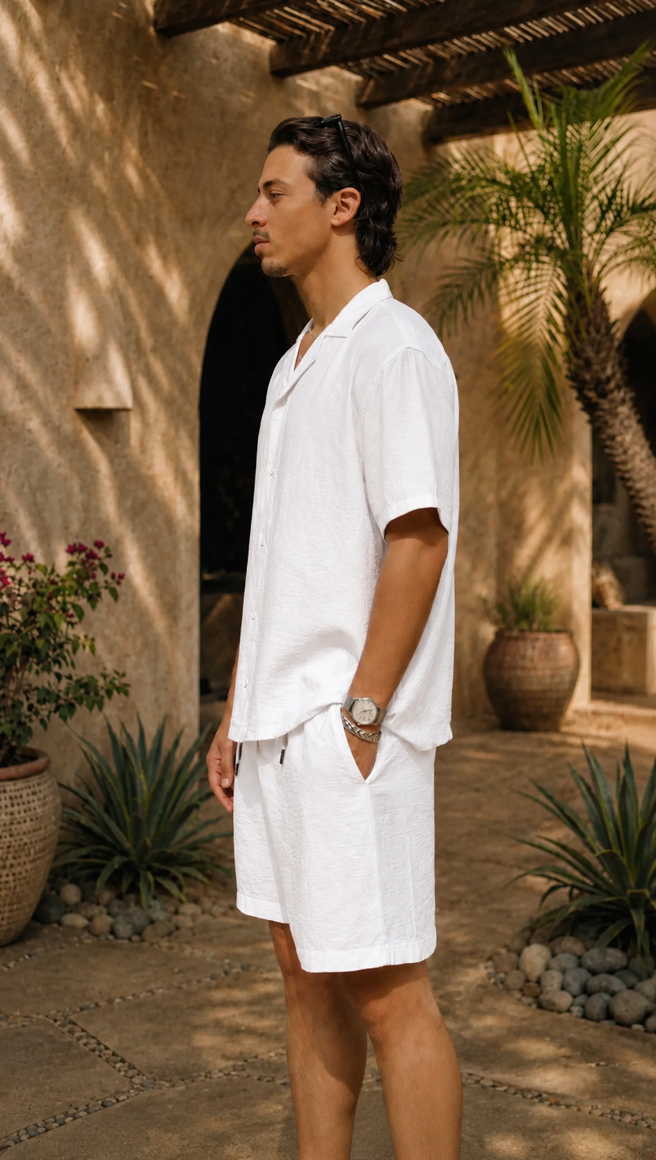WHITE LINEN SHORT SLEEVE SHIRT