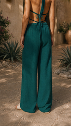 TEAL LINEN STRAIGHT FIT PANTS