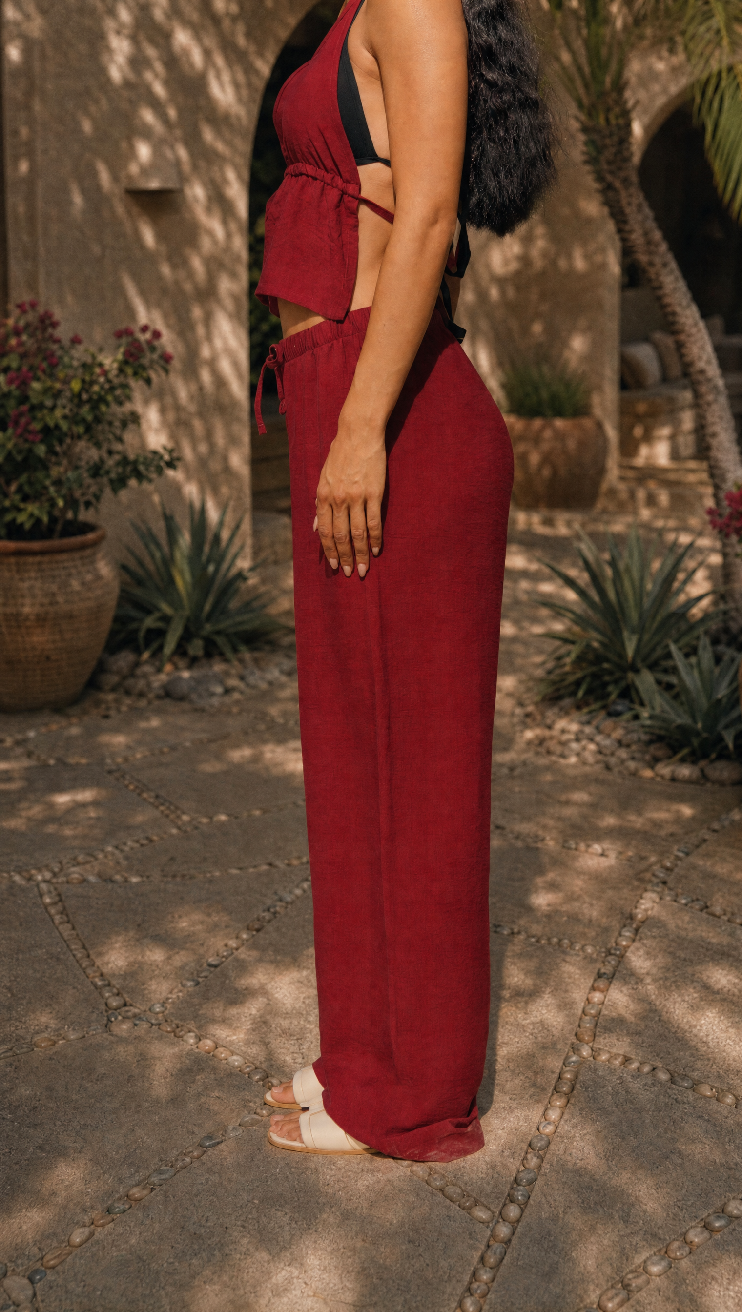 RED WINE LINEN STRAIGHT FIT PANTS