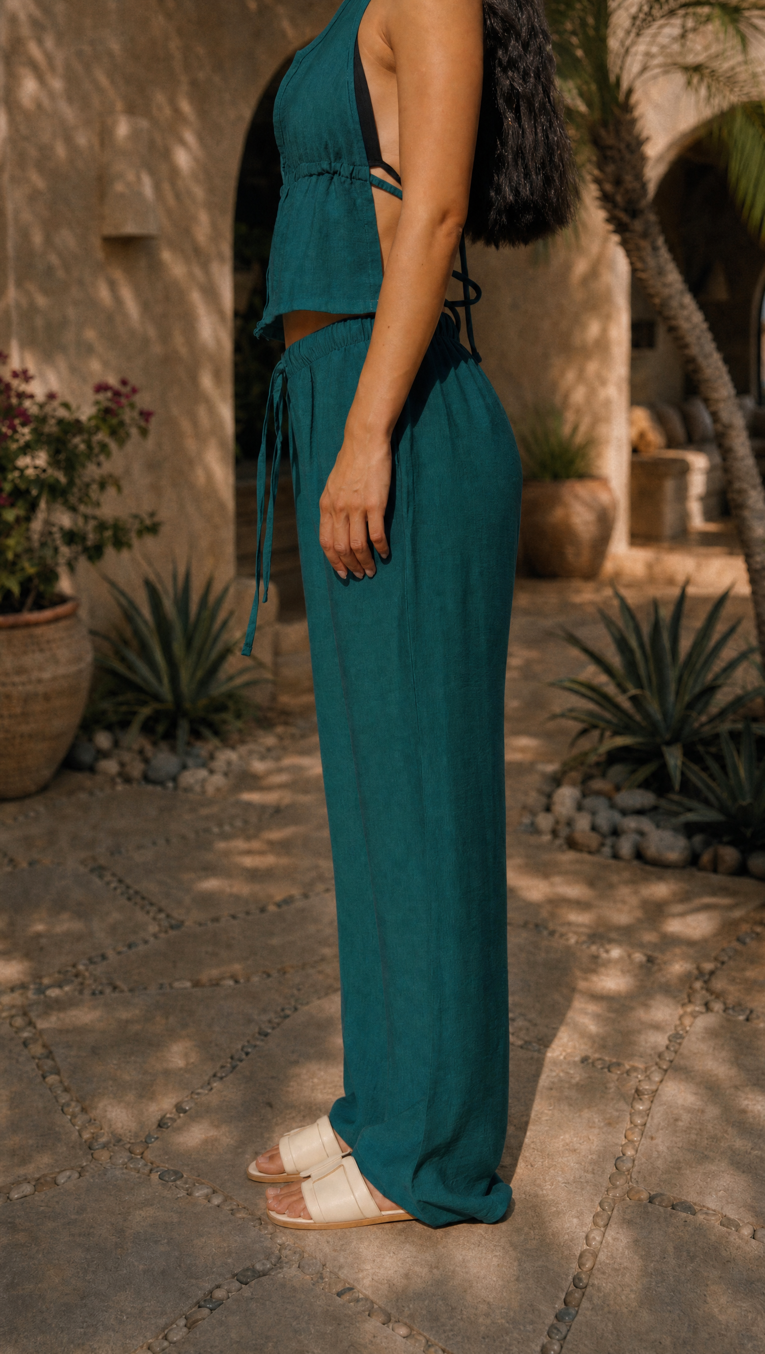 TEAL LINEN STRAIGHT FIT PANTS