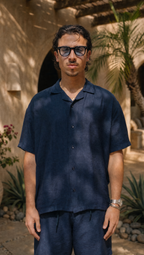 NAVY LINEN SHORT SLEEVE SHIRT