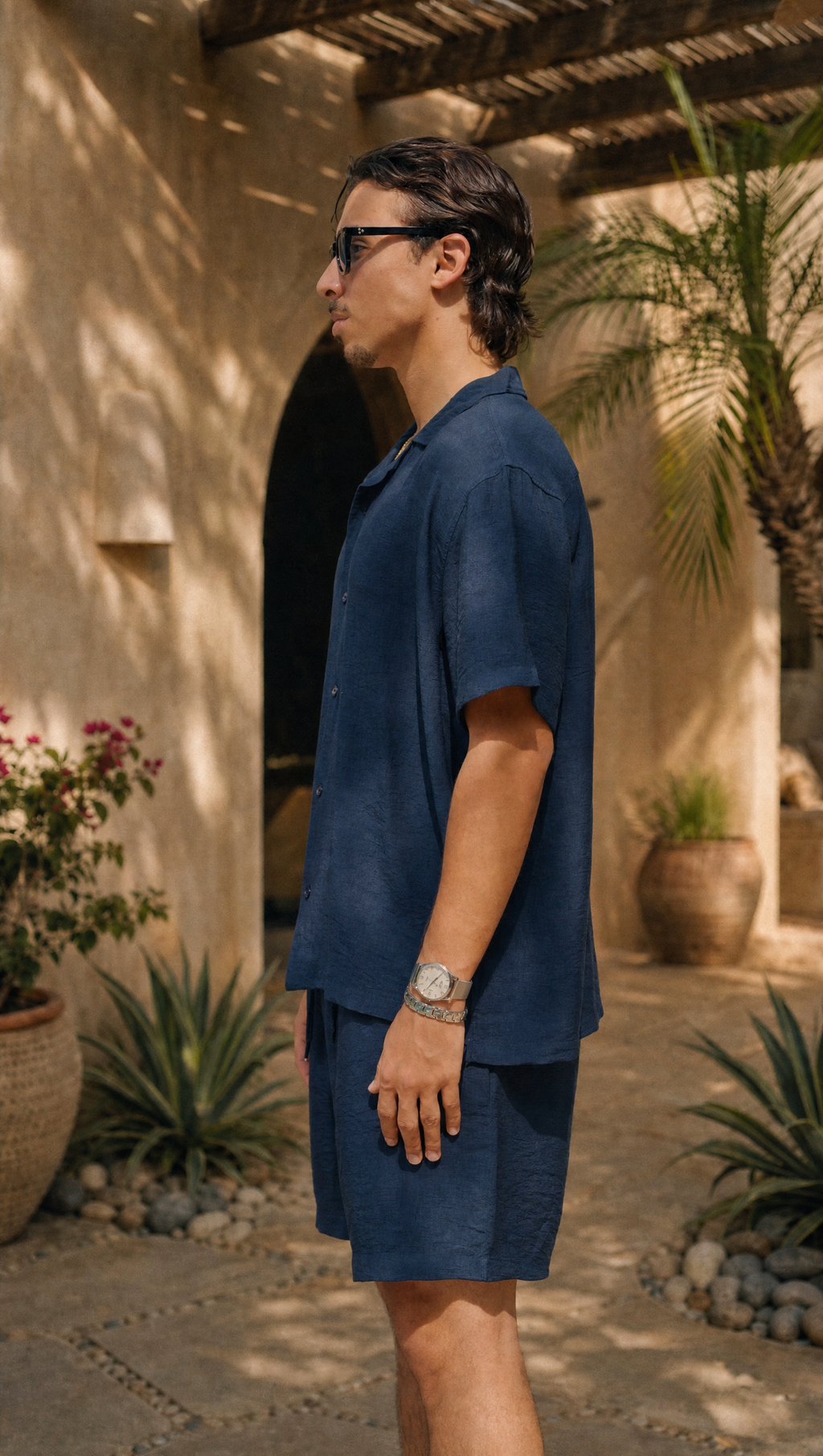 NAVY LINEN SHORT SLEEVE SHIRT