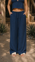 NAVY LINEN STRAIGHT FIT PANTS