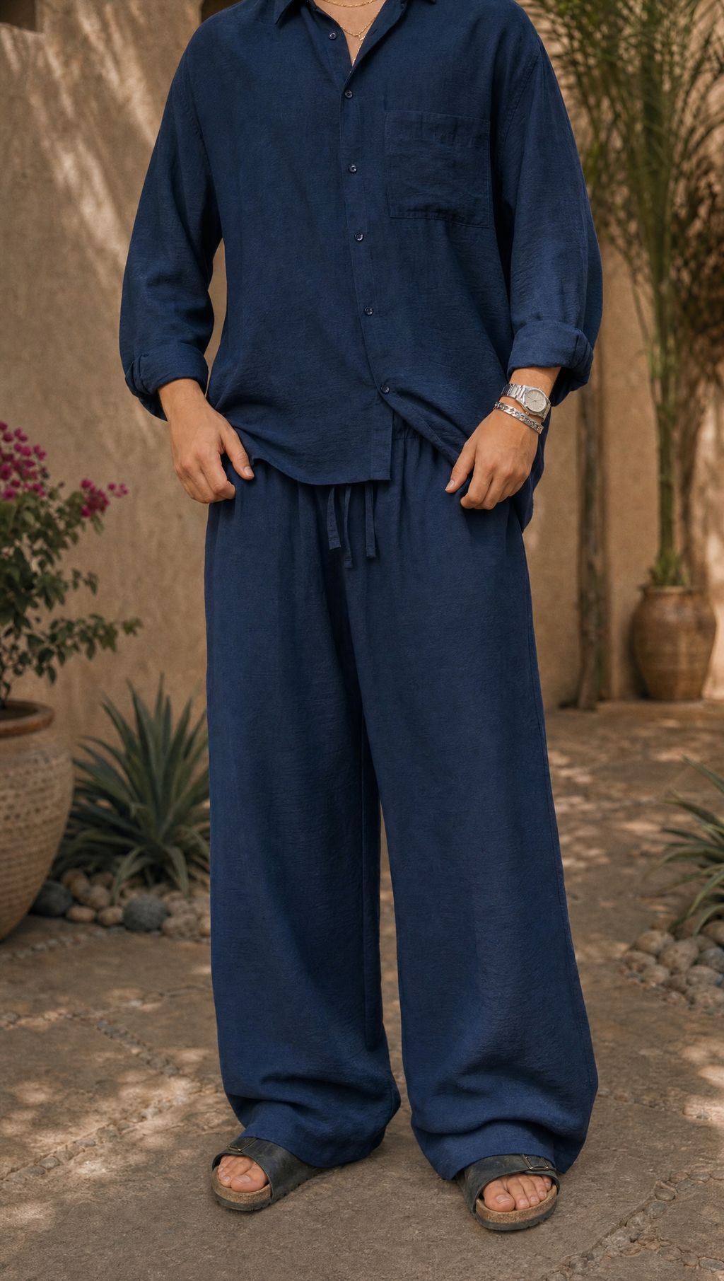 NAVY LINEN LONG SLEEVE SHIRT
