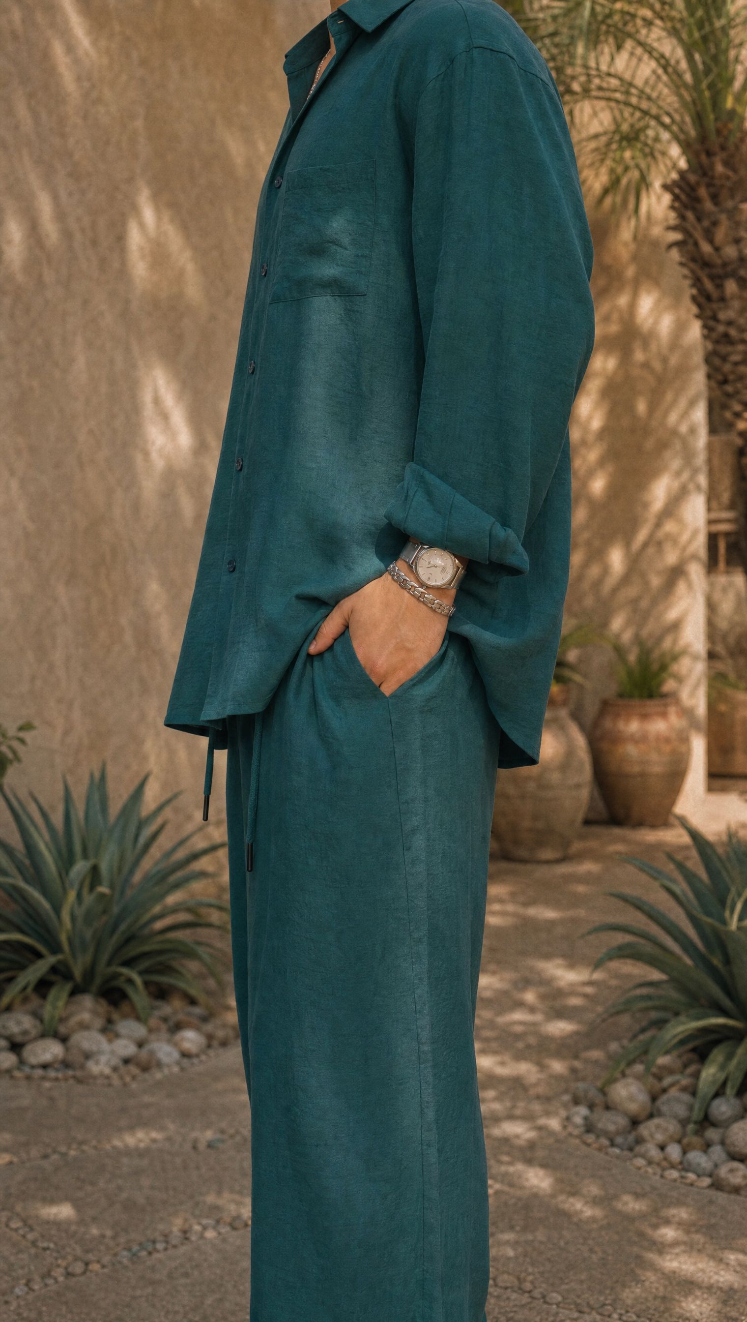 TEAL LINEN LONG SLEEVE SHIRT