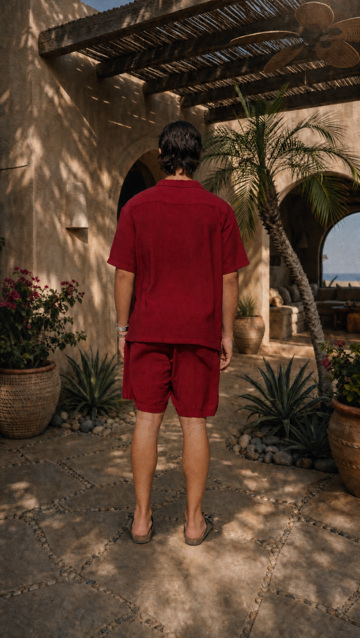 RED WINE LINEN SHORT SLEEVE SHIRT