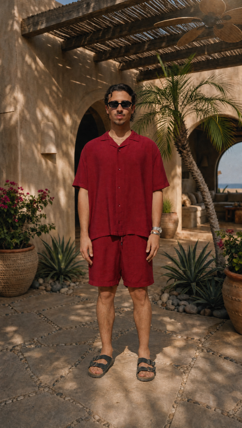 RED WINE LINEN SHORT SLEEVE SHIRT