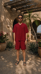 RED WINE LINEN SHORT SLEEVE SHIRT