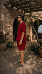 RED WINE LINEN SHORT SLEEVE SHIRT