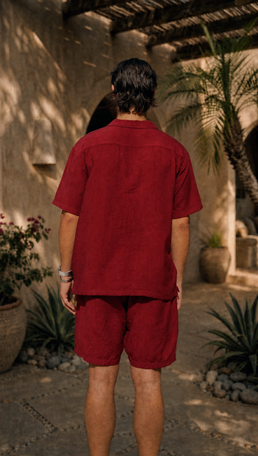 RED WINE LINEN SHORT SLEEVE SHIRT