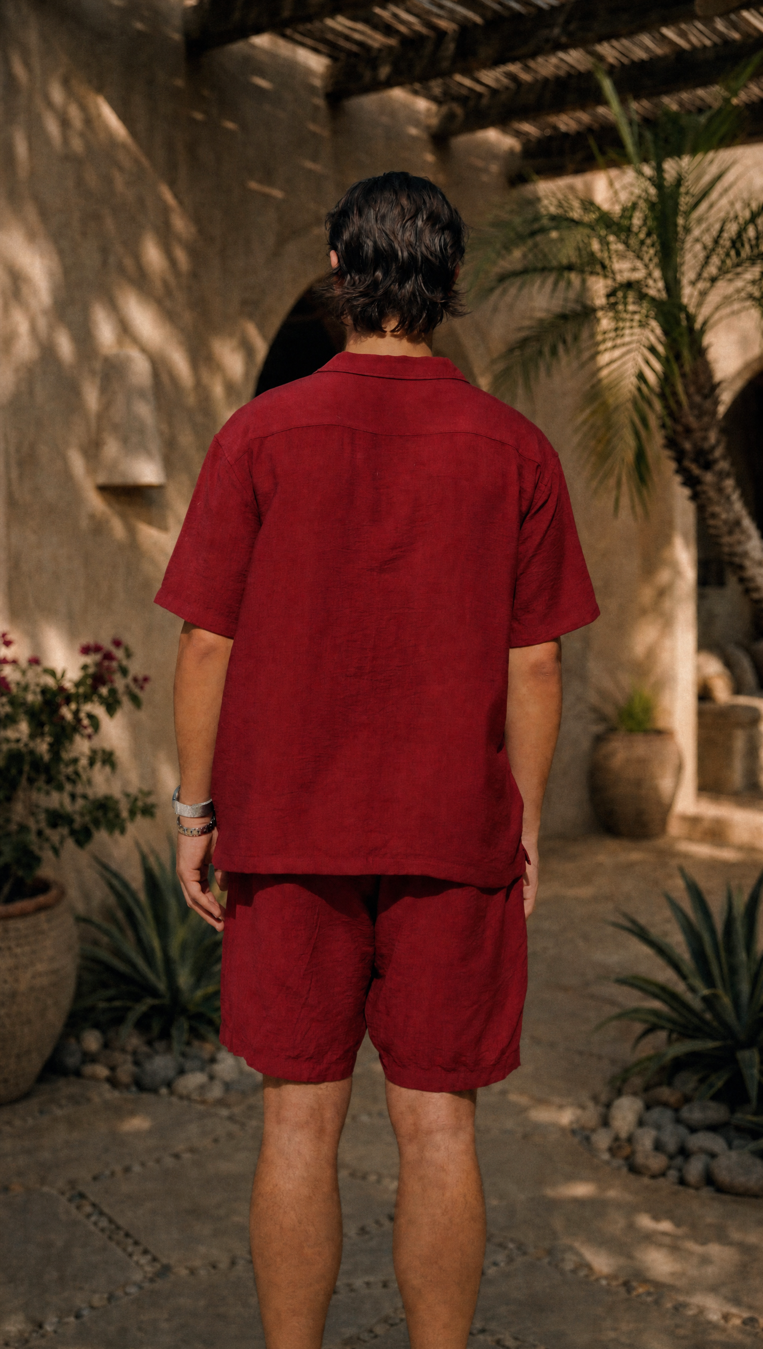 RED WINE LINEN SHORT SLEEVE SHIRT