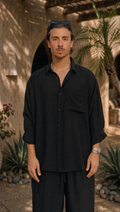 BLACK LINEN LONG SLEEVE SHIRT