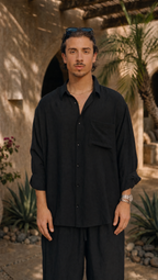 BLACK LINEN LONG SLEEVE SHIRT