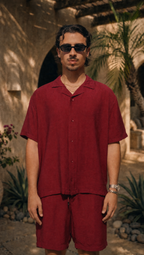 RED WINE LINEN SHORT SLEEVE SHIRT