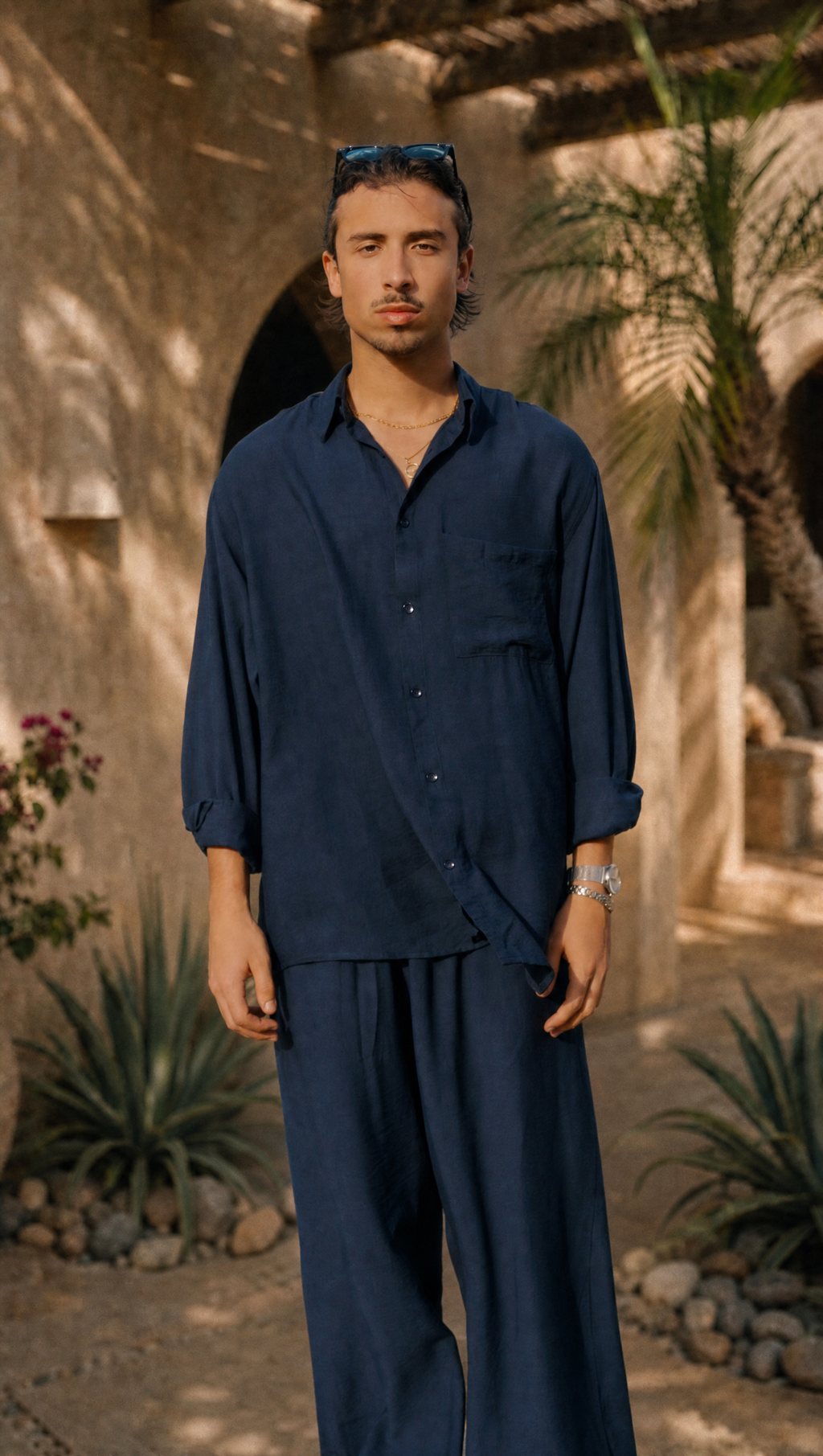 NAVY LINEN LONG SLEEVE SHIRT