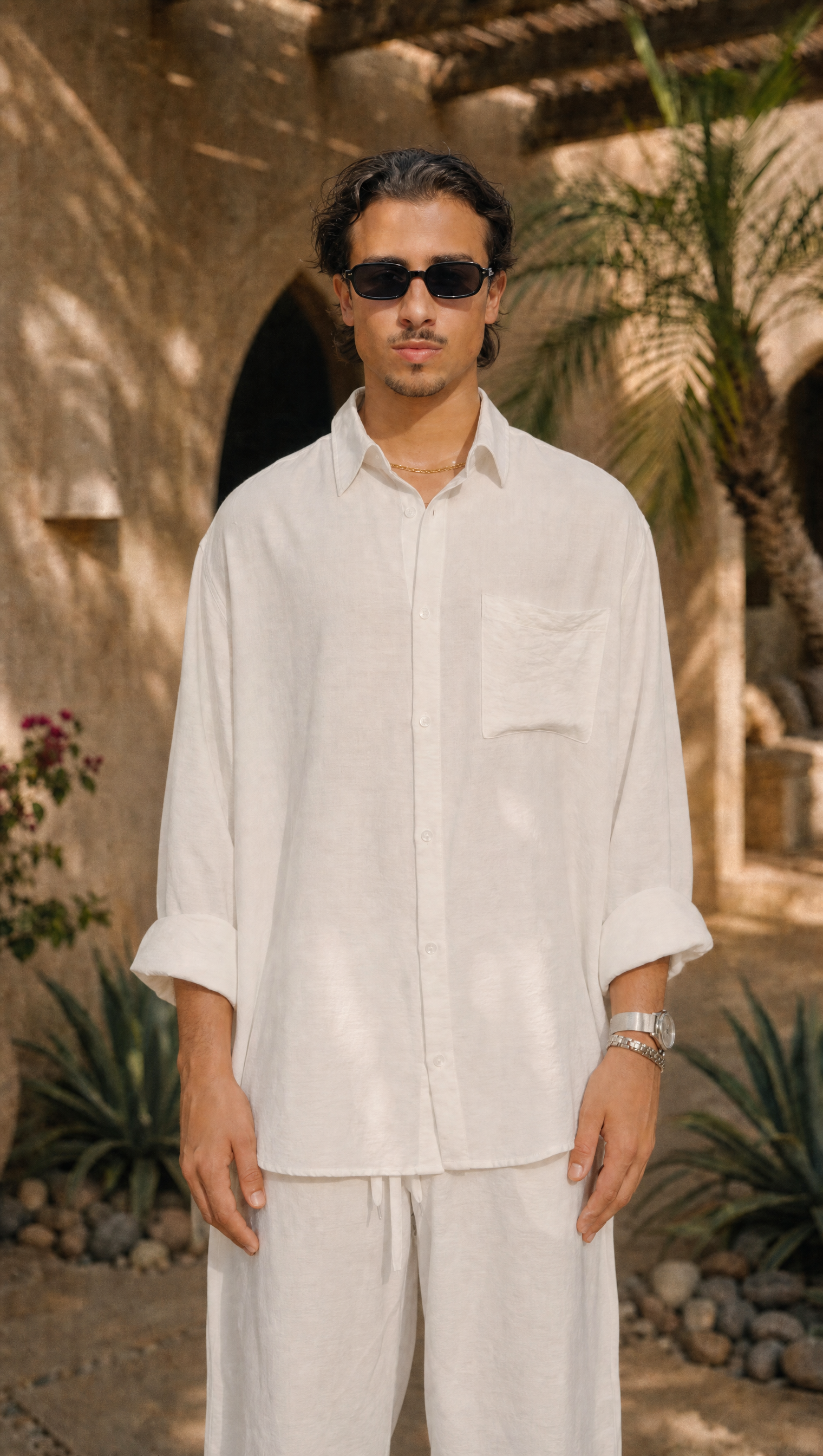 WHITE LINEN LONG SLEEVE SHIRT