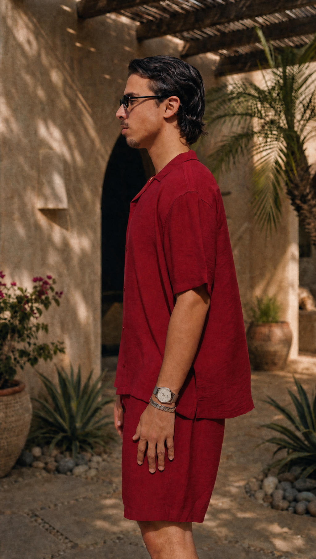 RED WINE LINEN SHORT SLEEVE SHIRT