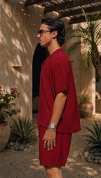 RED WINE LINEN SHORT SLEEVE SHIRT